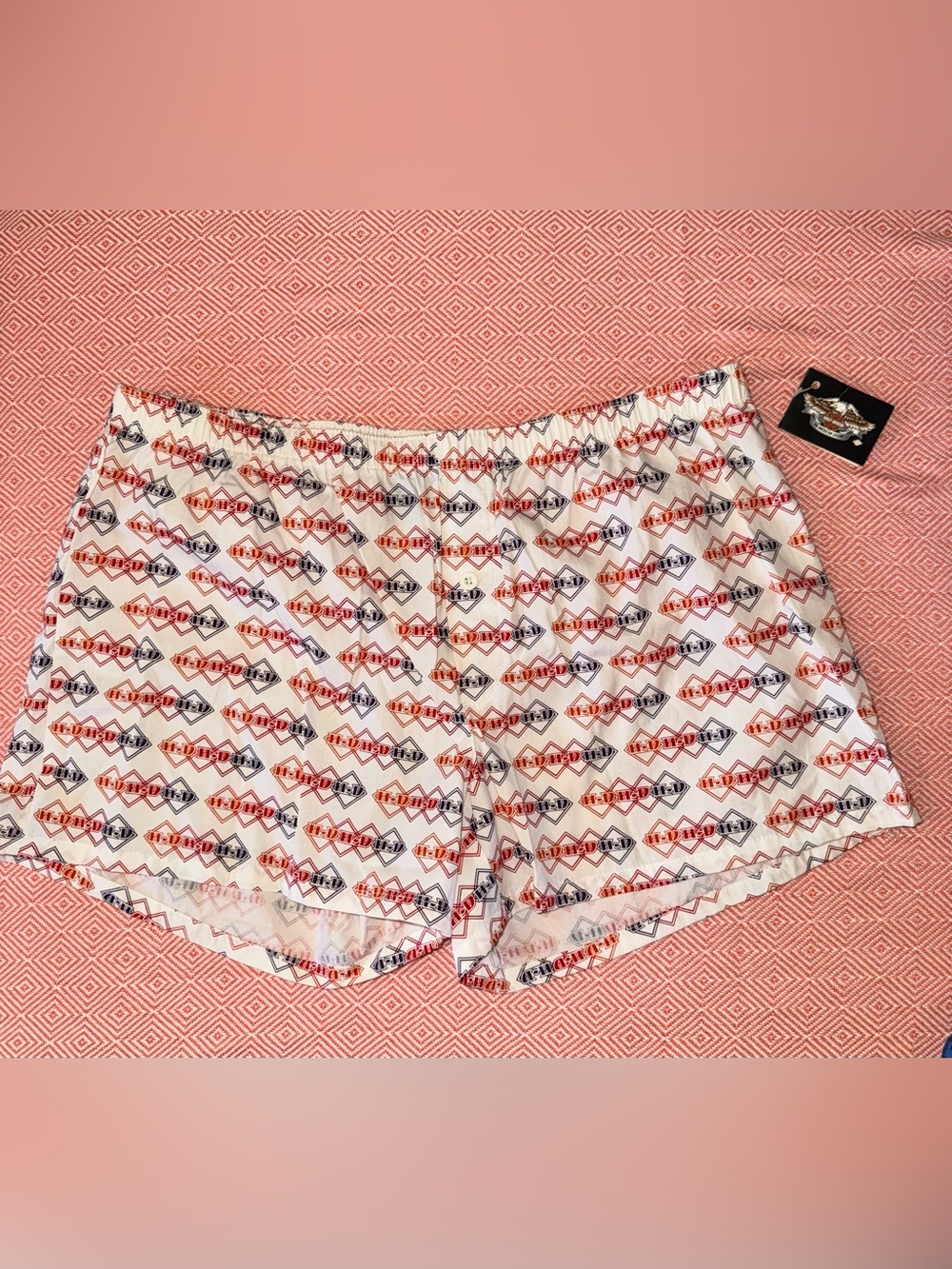 Medium White Lounge Shorts with Red black Harley Davidson Print.